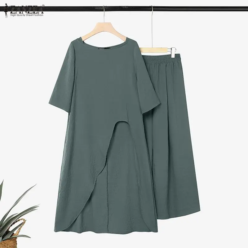 ZANZEA 2PCS Women Pant Sets Casual Two-piece Outfits  3/4 Sleeve Irregular Hem Blouse Elastic Waist Wide Leg Pants Suit Solid