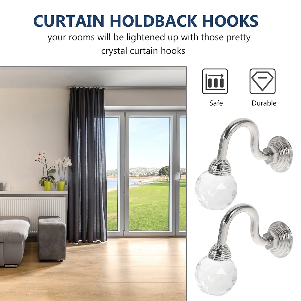 

2pcs Clear Crystal Curtain Hooks Wall Mounted Tassel Holdback For Living Room Bedroom Zinc Alloy Base Multi Use Coat Clothing