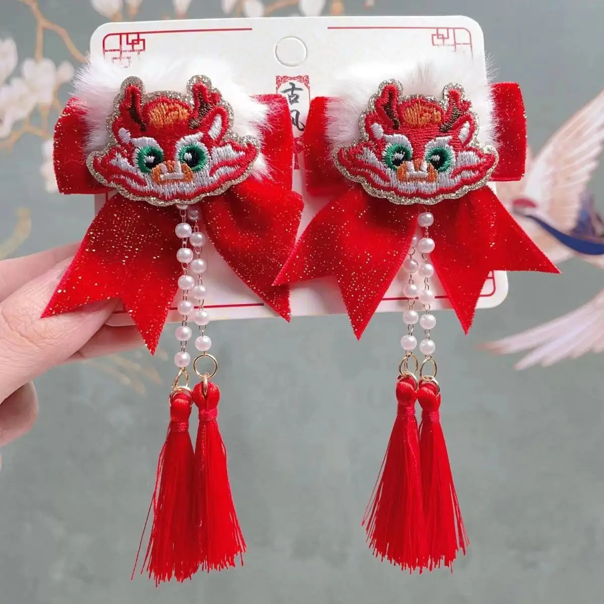 Chinese New Year Red Dragon Bowknot Hair Clips Headwear Girl‘s Chinese Ancient Style Hairclip Jewelry For Baby Tassel Hairpin