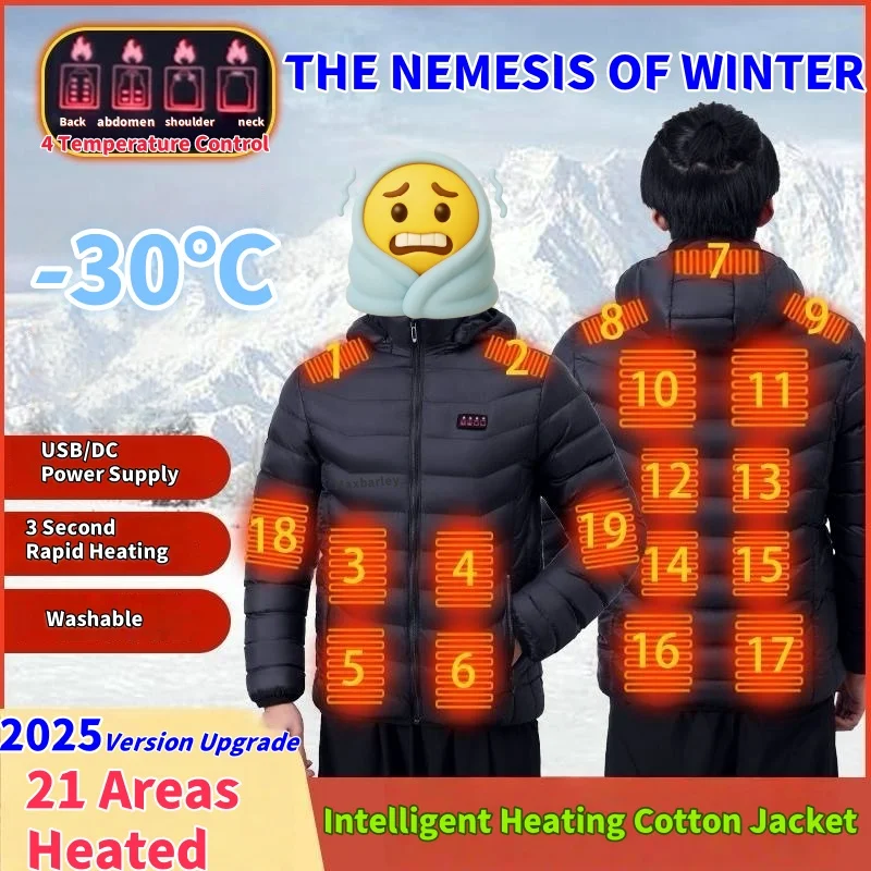 

21 Areas Men Heating Jacket Winter USB Electric Heating Parkas Travel Long Sleeve Smart Heated Clothes Waterproof Cotton Coats