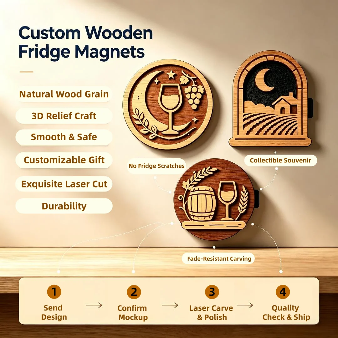 Factory Customization Double Sided Wooden Style Refrigerator Magnet 3D Magnet Logo Engraved Wooden Souvenir With Strong Magnetic