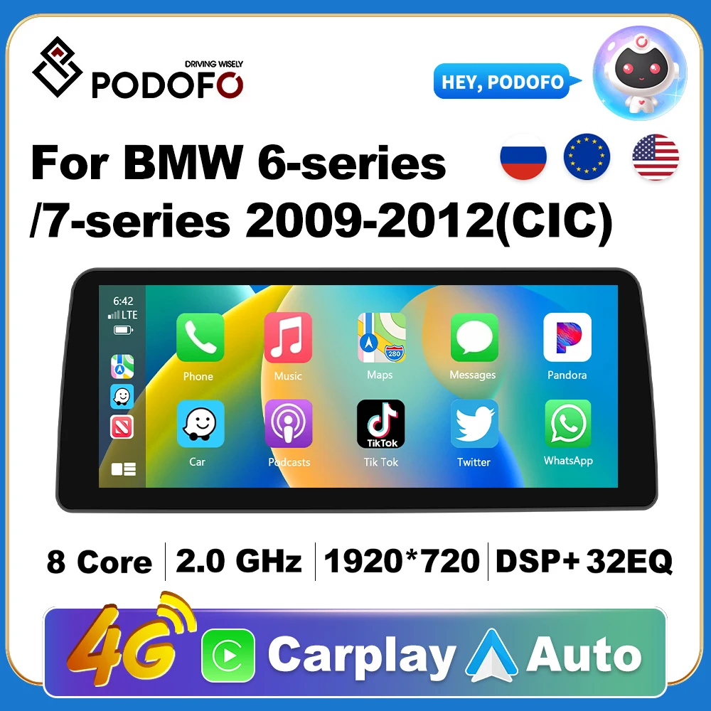 Podofo Wireless CarPlay Andorid Auto Car Radio For BMW 6/7 series F01/F02 2009-2012 AI Voice Multimedia GPS 2din autoradio