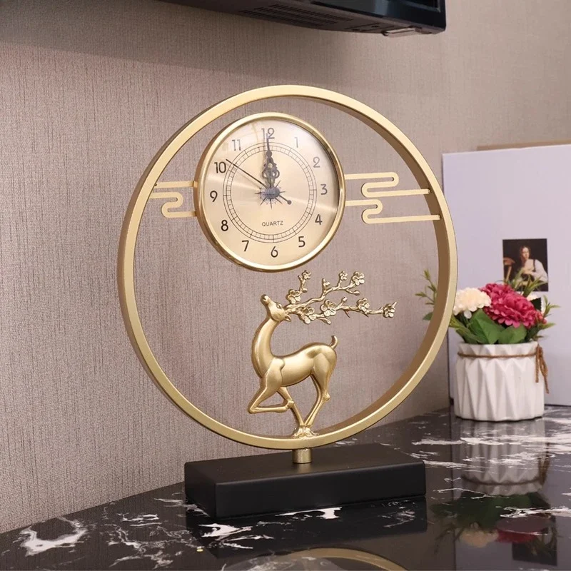 New Chinese Style Table Clock Living Room Ornament Home Fashion Creative Personality Desk Clock Copper Deer Clock