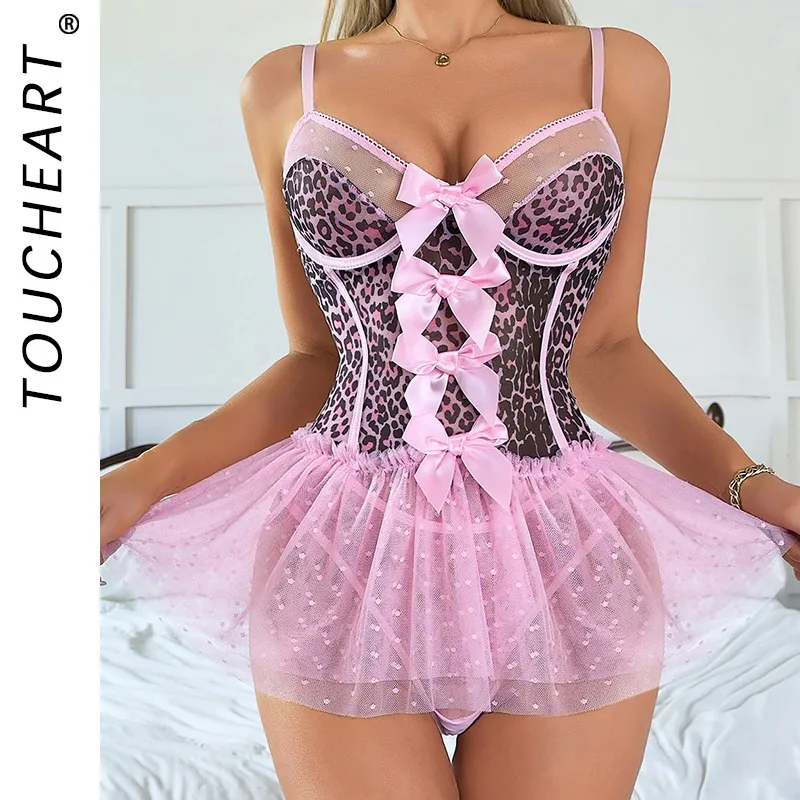 

Toucheart Sexy Hot Lingerie with Mesh Skirt Leopard Print Patchwork Bow Knot Decor Skinny Backless Seductive Romantic Underwear