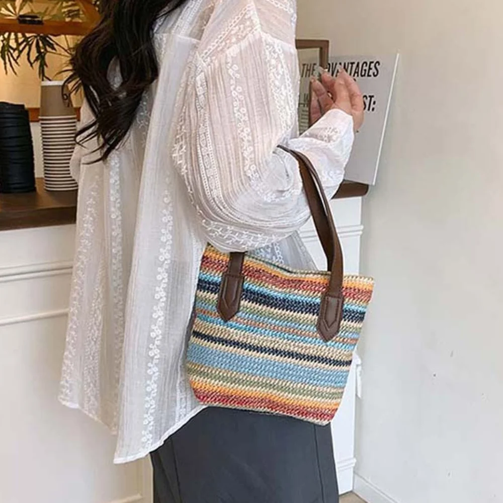 

Elegant Woven Bucket Bag Retro Large Capacity Small Square Bag Rainbow Stripes Polyester Straw Weaving Handbag Shopping