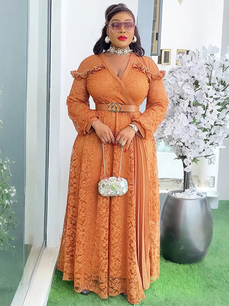 Abiti da sera per feste per le donne 2025 Abbigliamento africano Manica lunga in pizzo Maxi abiti Dubai Turchia Caftani Abiti Compleanno Abito da ballo