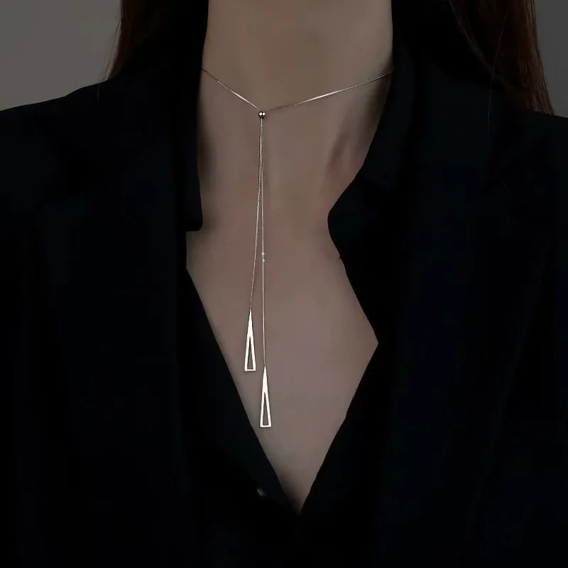 حقيقي 925 فضة سترة سلسلة مثلث قلادة المختنق قلادة للنساء غرامة مجوهرات ضوء الفاخرة المتقدمة الملحقات