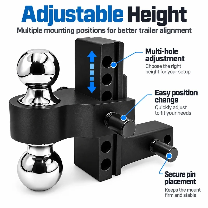Adjustable Trailer Hitch Ball Mount, Heavy-Duty Dual Ball Receiver with Multiple Height Positions for Truck, SUV, RV and Trailer