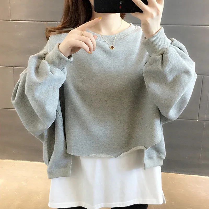 New Spring and Autumn Fashion Korean Edition Fake Two Piece Round Neck Thin Loose Versatile Western Style Slim Women\'s Sweater