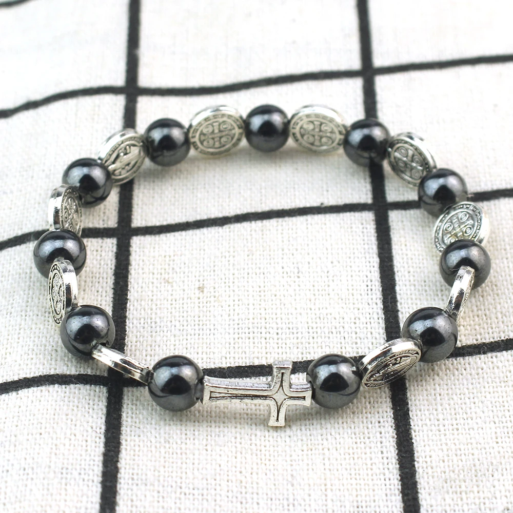 Catholic Rosary Bracelet St. Benedict Medal Cross Prayer Bracelets Hematite Beads Religion Jewelry Accessories image 3