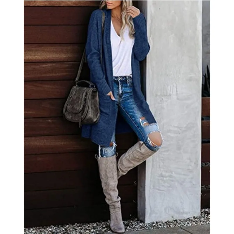 سترة نسائية محبوكة للخريف بأكمام طويلة سترة تريكو فضفاضة محبوكة غير رسمية للنساء