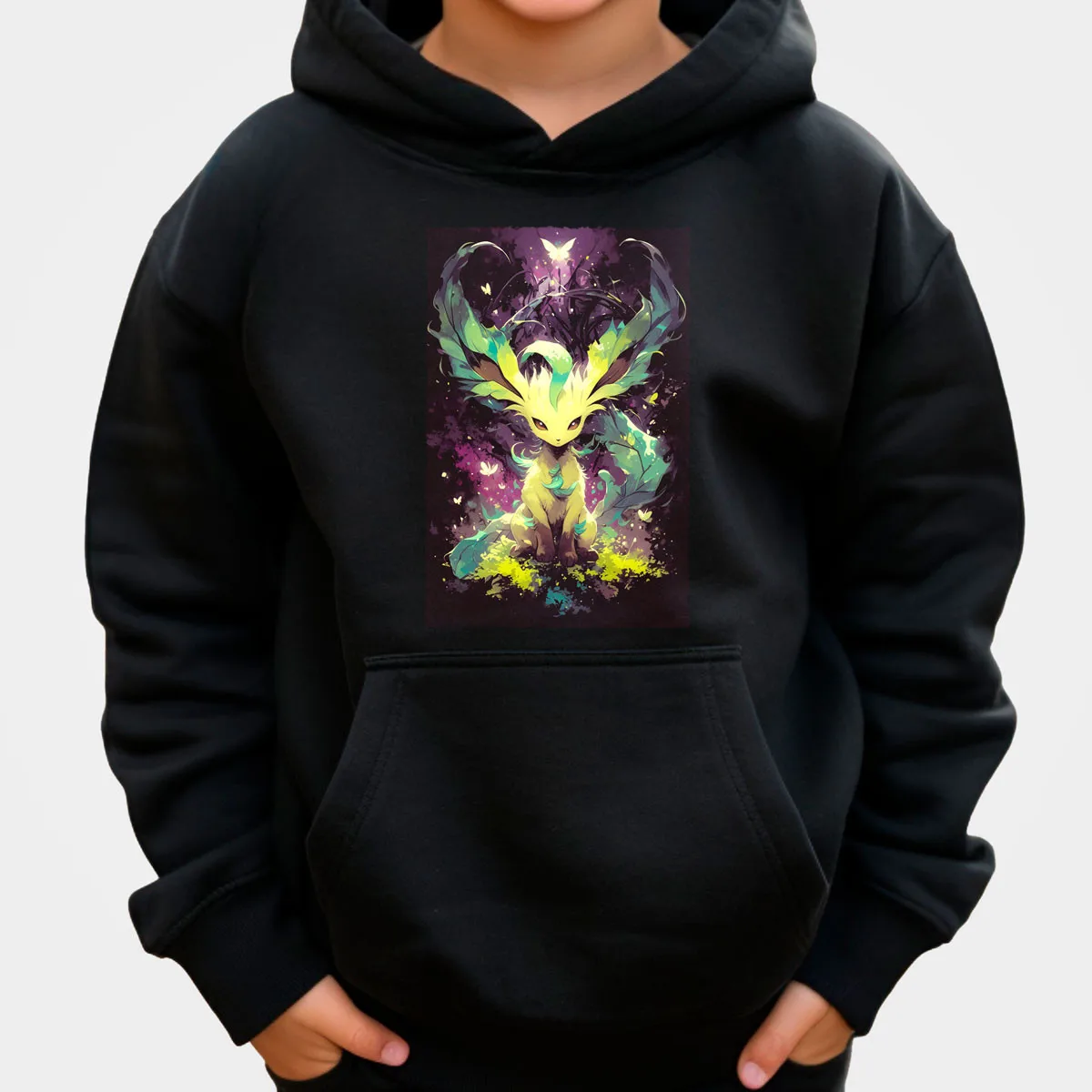 Pokemon Anime Leafeon katoenen hoodie zwart met geelgroen wezen sterrenhemel paarse achtergrond losse pasvorm casual huiskleding ​
