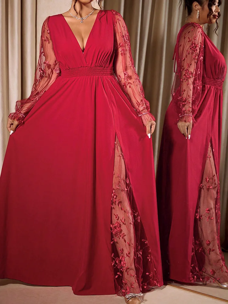 GIBSIE Plus Size Elegant V-Neck Sheer Mesh Sleeve Evening Long Dress Women Autumn Elastic Waist Tie Backless Party Dresses 2026 view 5