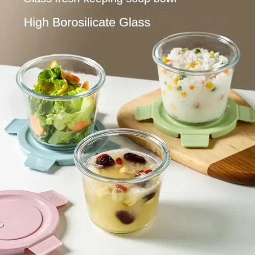 유리 수프 그릇 도시락 뚜껑 포함 휴대용 수프 컵, 전자 레인지 가열, 과일 도시락 상자, 밀폐 신선 식품 용기, 대용량 