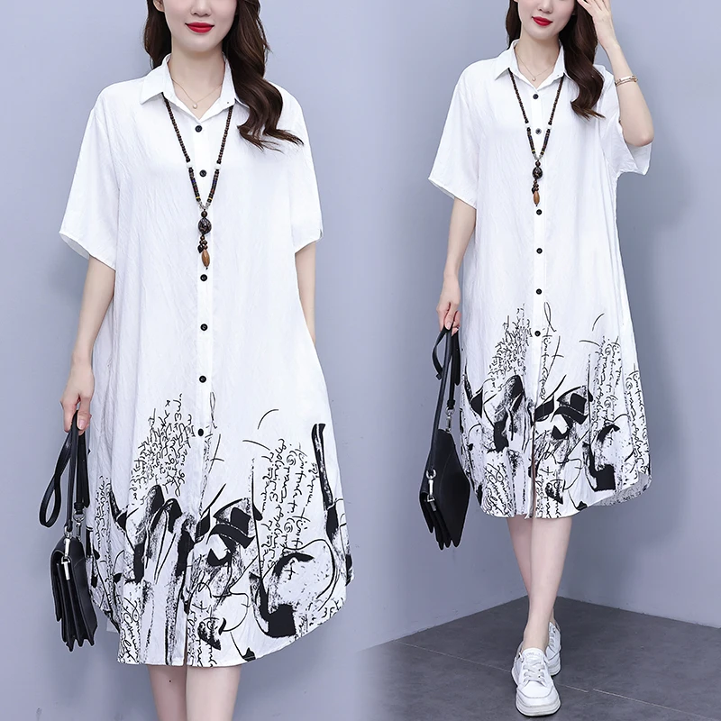 

plus Size Casual Fashionable Midi Shirt Dress Korean Style Loose Fit Summer New Arrival for plus Size Women A-Line Skirt