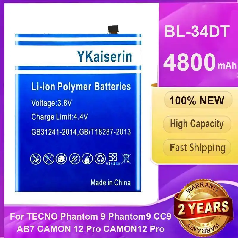 

YKaiserin 4800mAh Battery BL-34DT For TECNO CAMON 12 Pro 12Pro Phantom 9 Phantom9 CC9 AB7 Mobile Phone Batteries