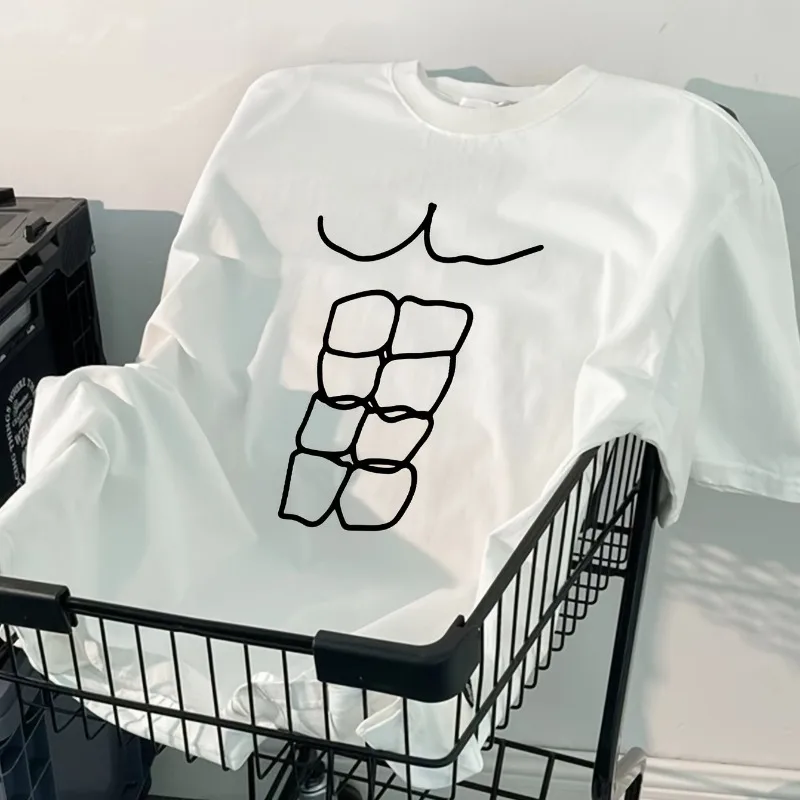 Look At My Eight Pack Abs Fun Creative Pattern Round Neck T-shirt Cotton Summer Trend Fashionable Short Sleeved Casual Style Top