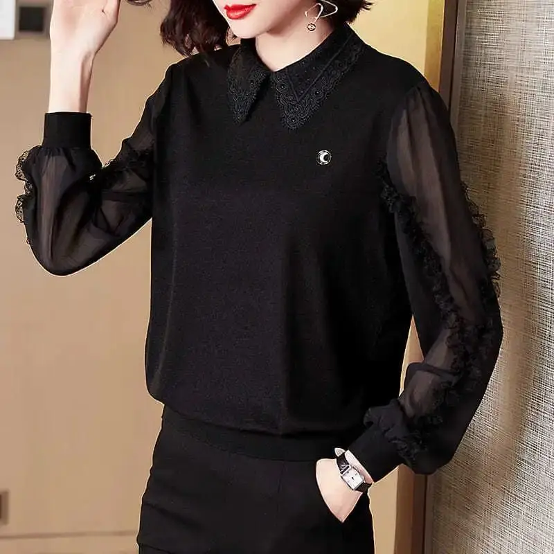 Women Korean Fashion Sexy Sheer Mesh Lace Patchwork Elegant Chic Blouse Female Casual Black Long Sleeve Loose Tops Blusas Mujer