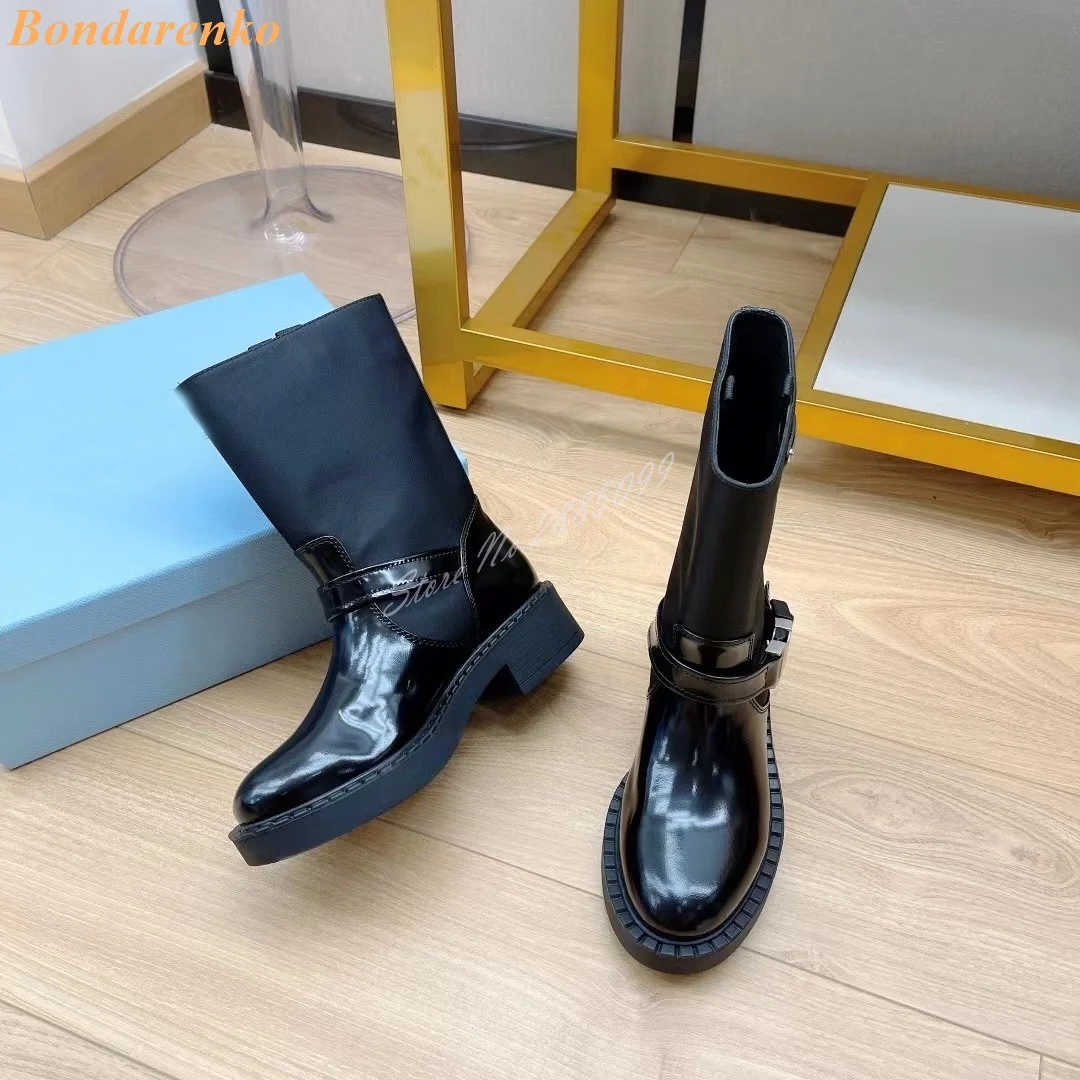 Patchwork Shiny Leather Boots Round Toe Thick Sole Belt Buckles Ankle Boots Women New Style Shoes Autumn Party Slip On Short