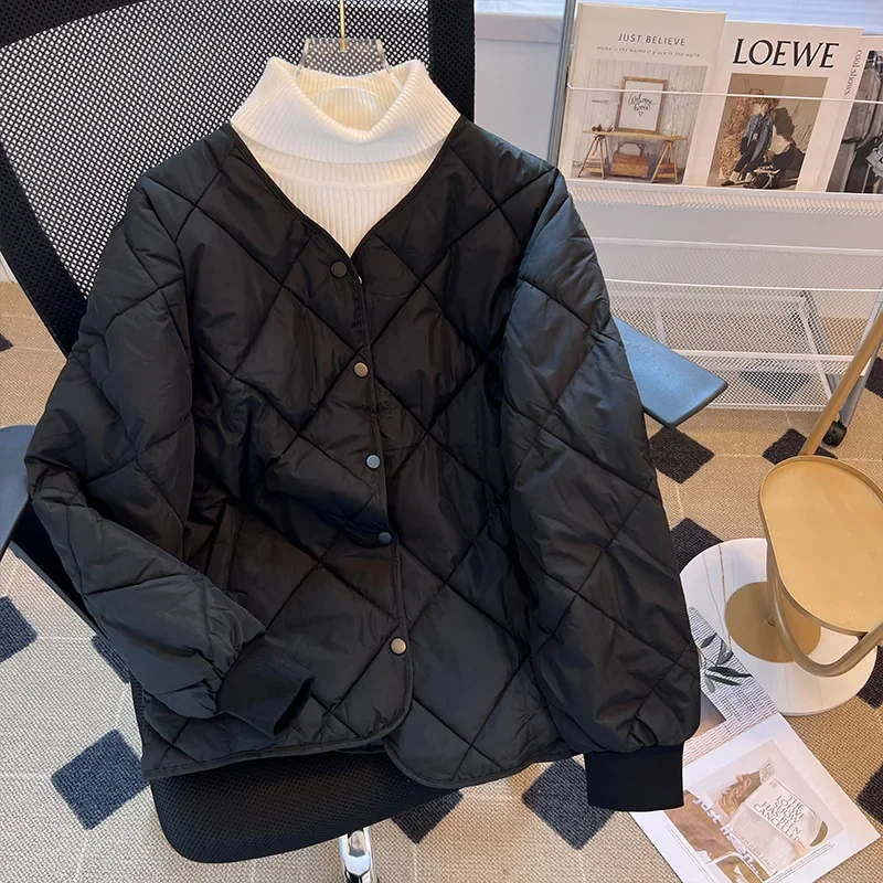 Winter Cotton-Padded Jacket for Women Autumn New Korean Sle Versatile Lightweight Rhombus Plaid Cotton-Padded Jacket