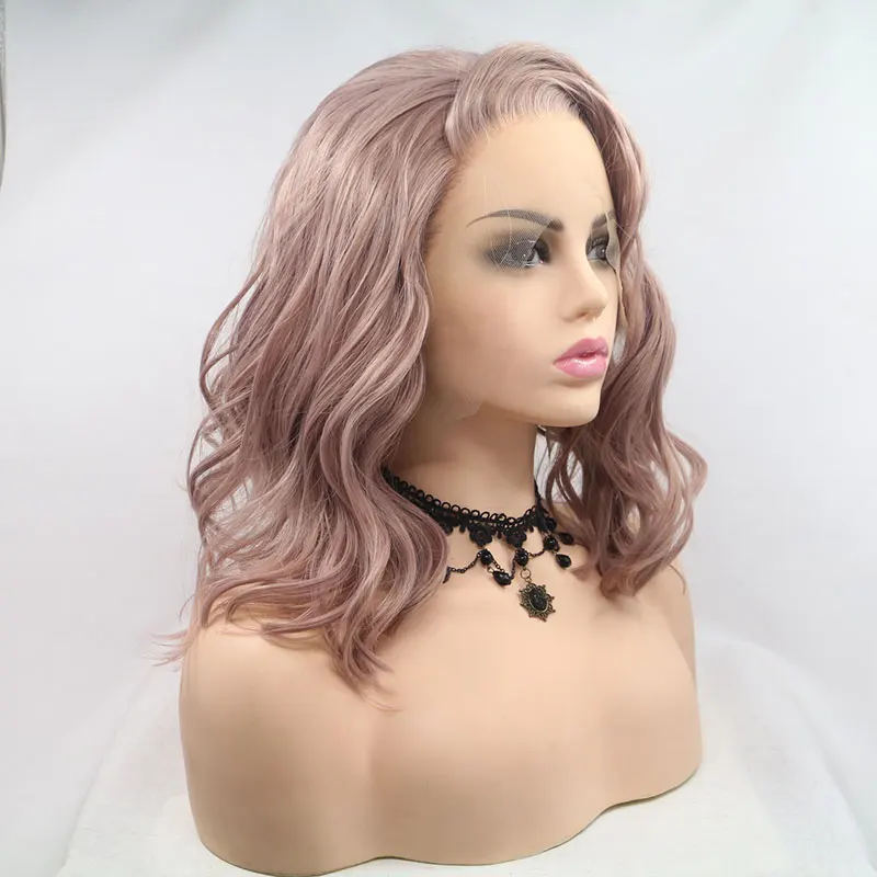 Smoky rosa peruca curta onda solta para mulheres, perucas sintéticas frente do laço, cabelo fibra resistente ao calor, moda cosplay, alta qualidade, 13x4