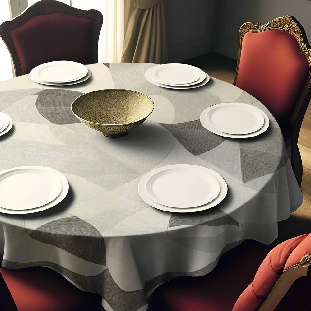 One grey and white circular geometric pattern tablecloth - made of durable polyester fabric.