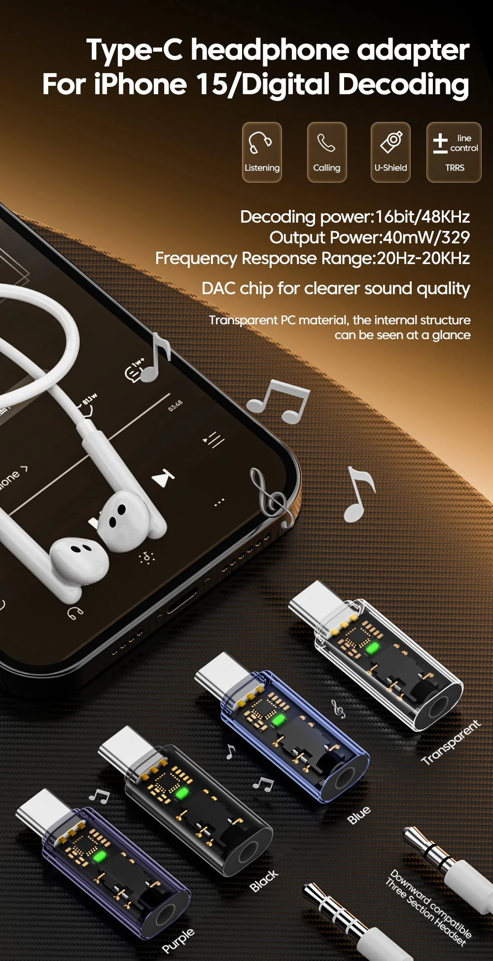 DAC USB Type C To 3.5MM Headphone Adapter USB C Male to 3.5 Jack Audio Converter for iPhone 15 Samsung Support Voice Call U Disk