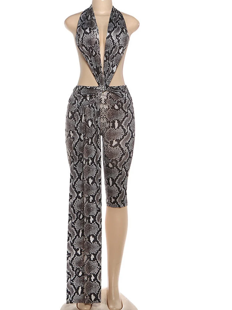 Kricesseen Sexy Deep Plunge Halter Snake Print Rompers For Women Sexy Backless Fitted Playsuits With Long Straps Night Out Wear