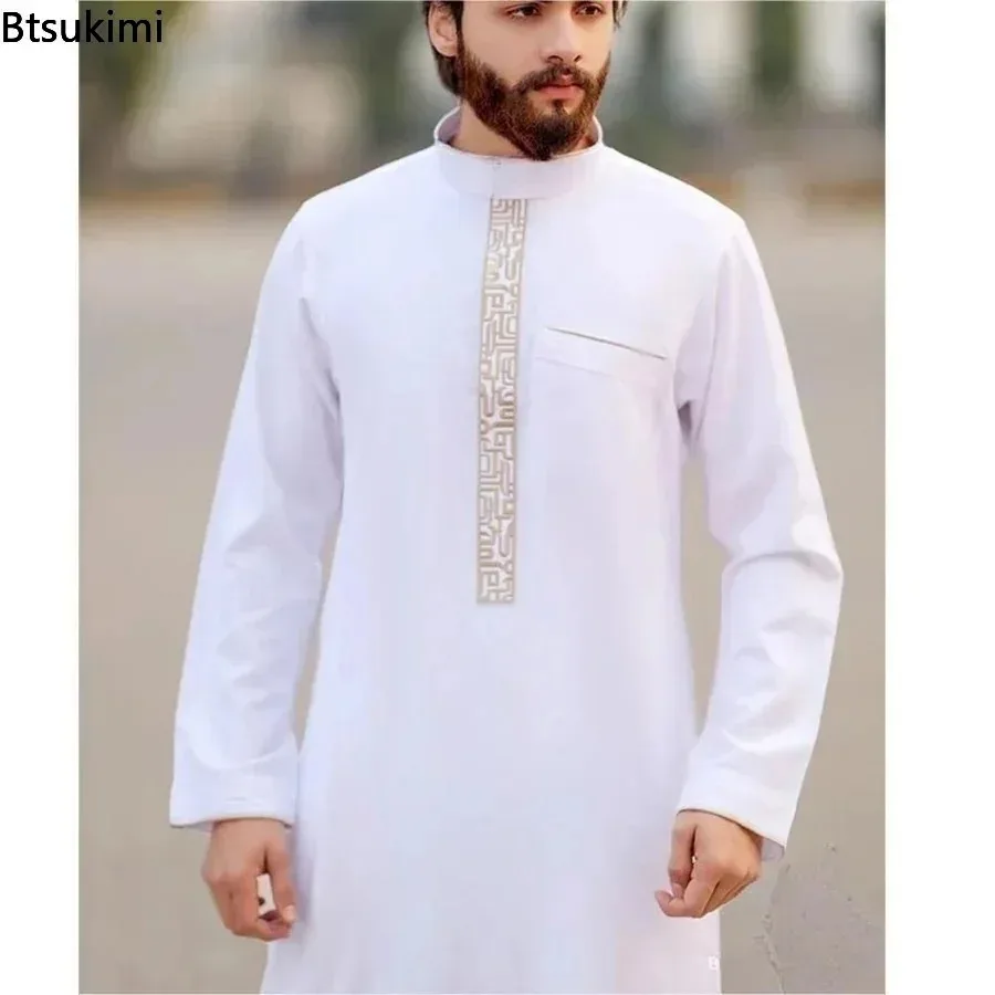 

New 2025 Arab Men's Robe Abaya White Muslim Printed Clothing Men's Robe Long Dress Abaya Muslim Clothes for Men Gift Kaftan Men