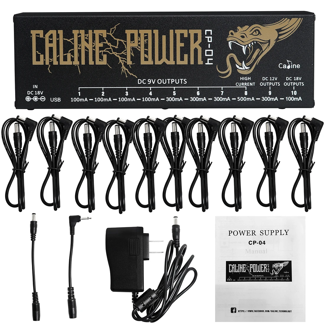 

Caline CP-04 Guitar Effect Pedal Power Supply 9V/12V/18V Short Circuit /Overcurrent Protection 10 Isolated Outputs with Adapter