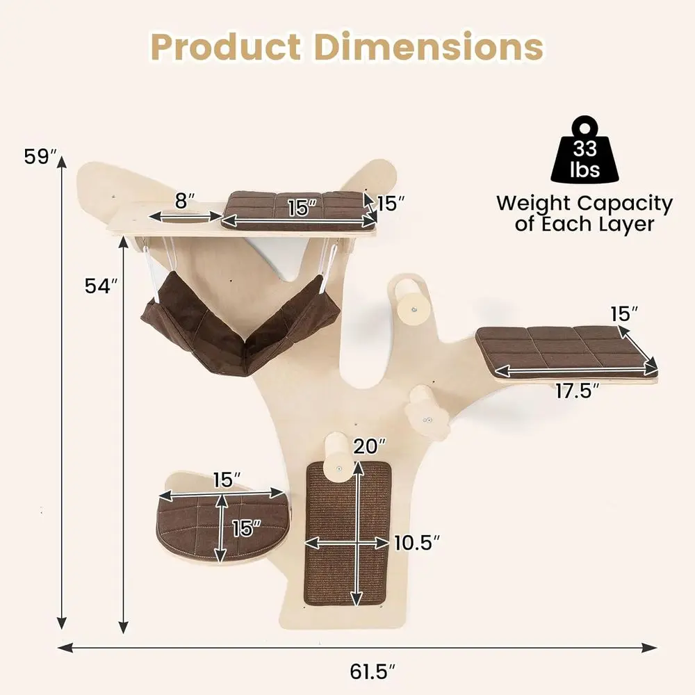 59 Wall-Mounted Cat Tree with Sisal Posts, Hammock, Perches, Washable Cushions