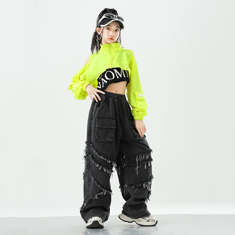 Chaqueta verde corta de Hip Hop para niñas, pantalones vaqueros Cargo de baile callejero, ropa de calle militar para niños, Joggers, conjuntos de ropa de Jazz para niños