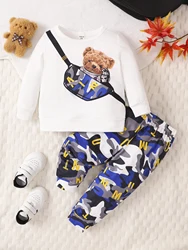 Spring And Autumn Boys  Round Neck Long Sleeve Shoulder Bag Bear Top Rendered Pants Fashion Warm And Loose Fit Baby Sets