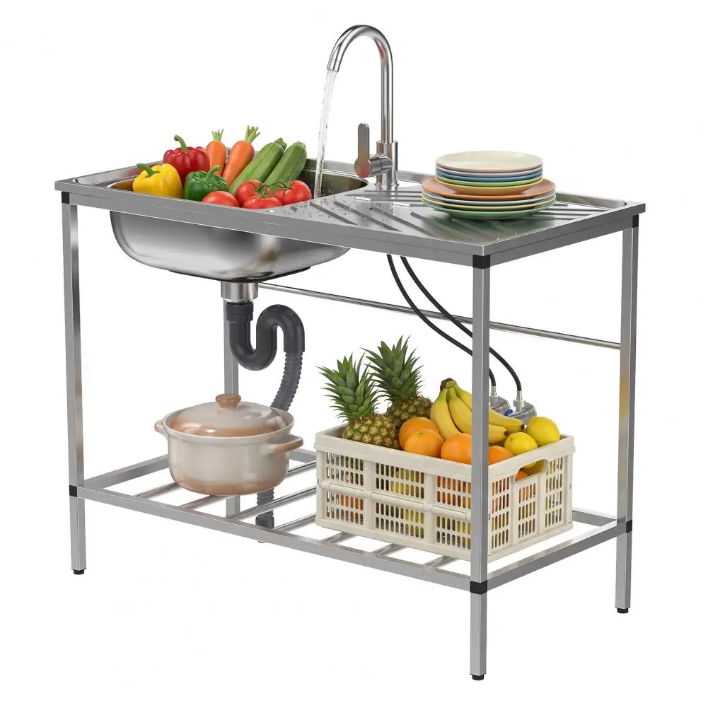 Freestanding Single Bowl Stainless Steel Utility Sink Set, Outdoor Sink Station with Faucet, Hose Hook & Storage Shelves