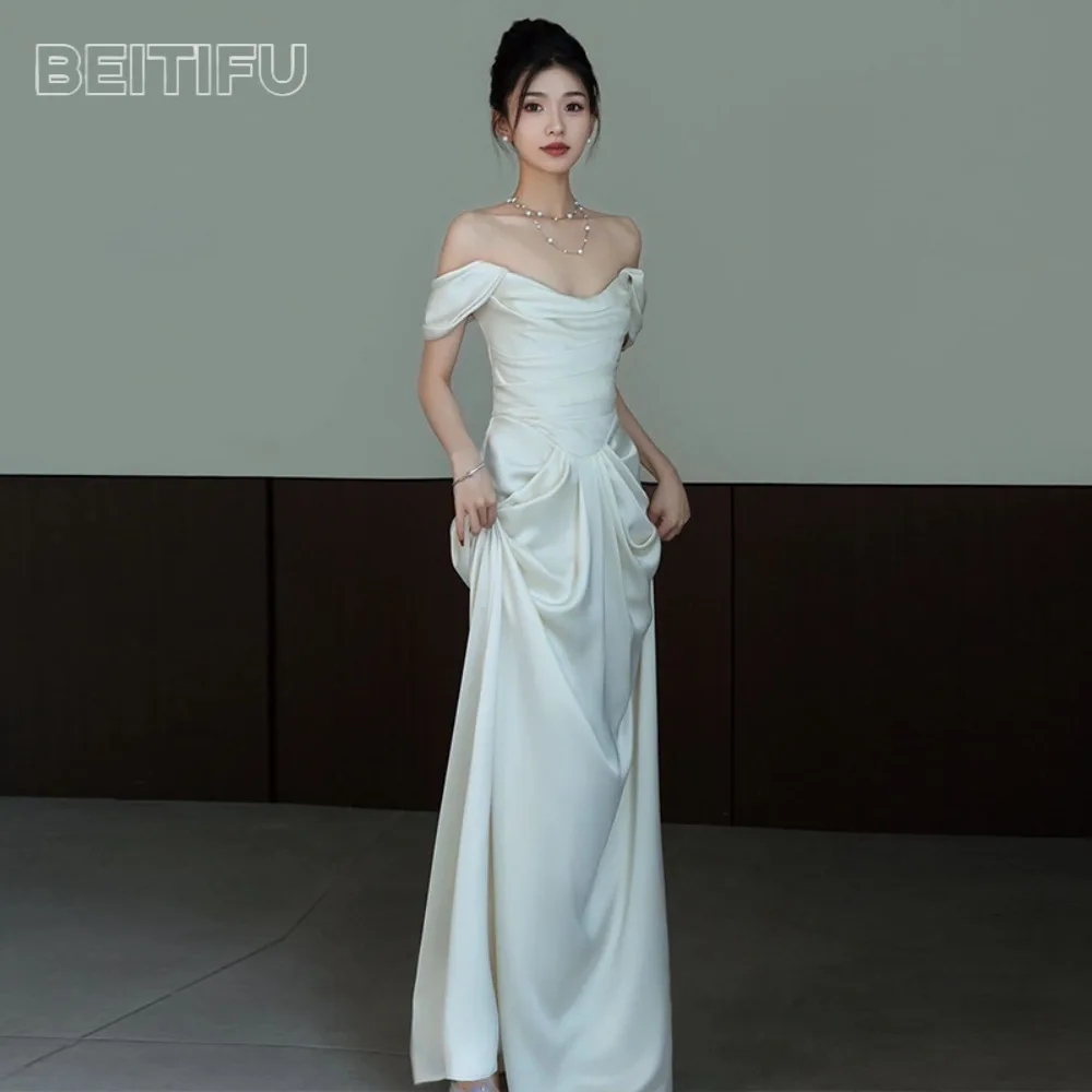 

BeitifuBaby Wedding Dress for Brides French Style Off-shoulder Sleeveless Lace-up Banquet Stain Prom Dresses for Women Vestidos