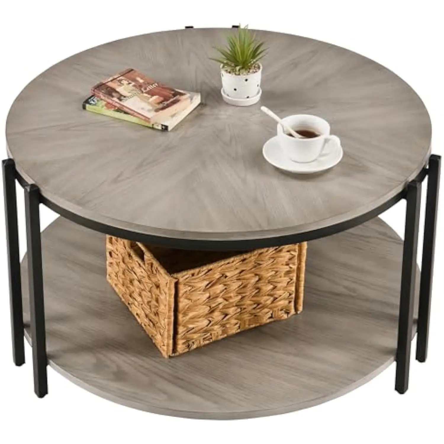 

Round Coffee Table, 32.28 Coffee Table for Living Room, Cocktaile Table with 2-Tier Rustic Wood Desktop, Rustic Coffee Table wi