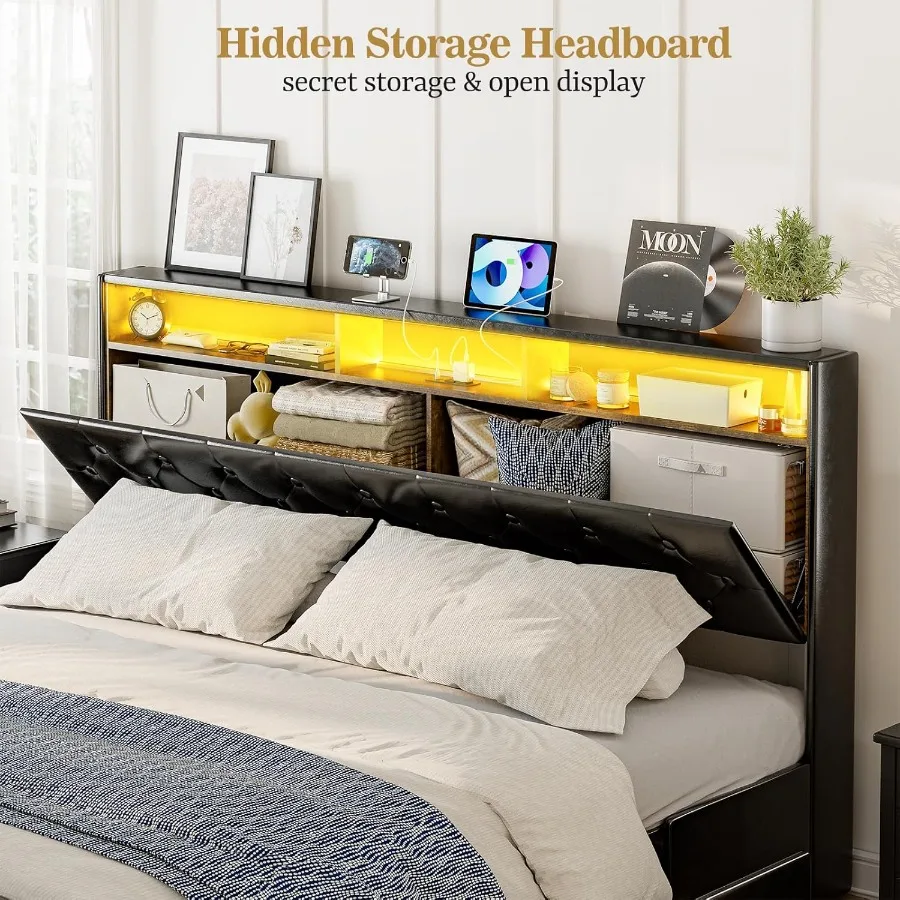 إطارات سرير كاليفورنيا كينج مع 4 أدراج تخزين مخفي اللوح الأمامي منجد كال كينج LED منصة السرير مع شحن TypeC St