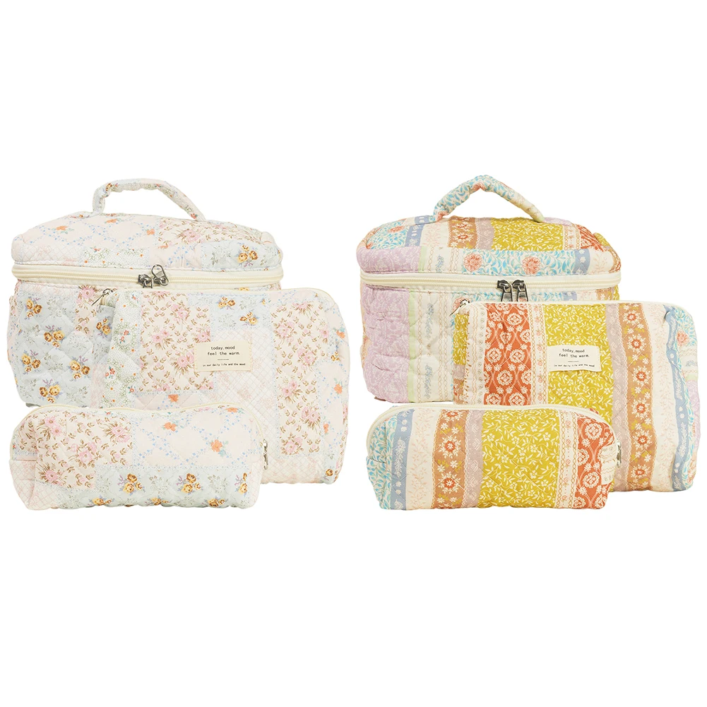 

Women Large Toiletry Organizer Bag 3 Pcs Cotton Quilted Floral Cosmetic Bag Zipper Toiletry Bag Travel Bag