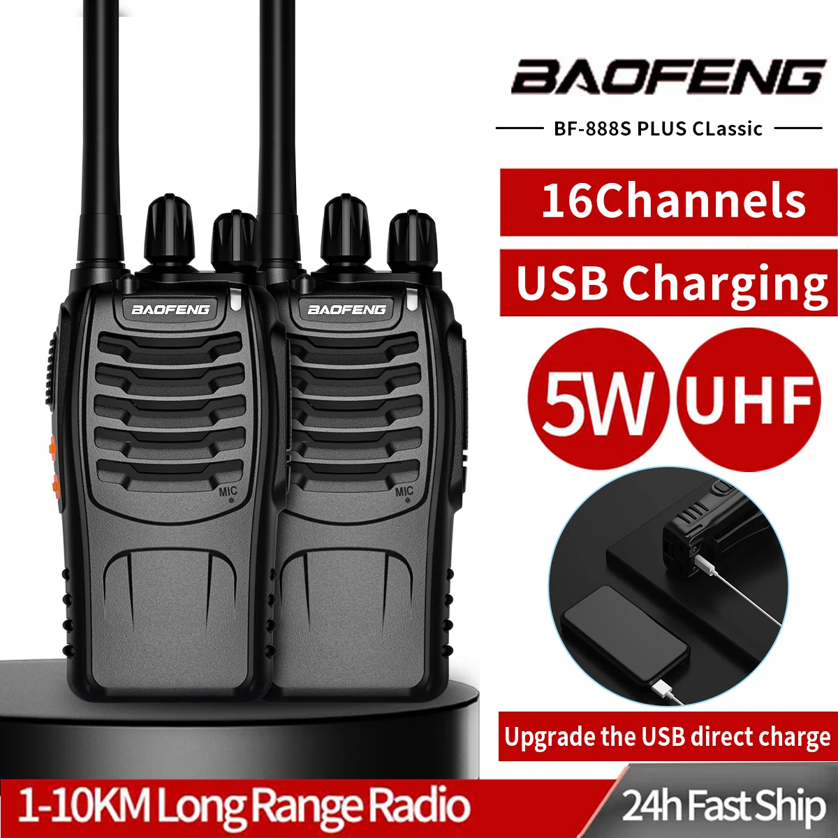 2 Stuks Baofeng Portable Wireless Handheld Walkie-Talkie Upgrade BF-888S Plus Long Range UHF 430-440MHz Type-C Charging BF888S