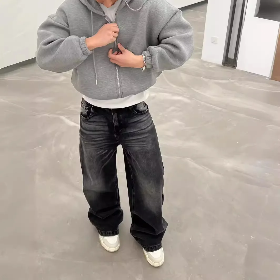 

Американские винтажные мужские повседневные модные черные, серые однотонные прямые свободные широкие прямые джинсовые брюки, мужские джинсовые брюки