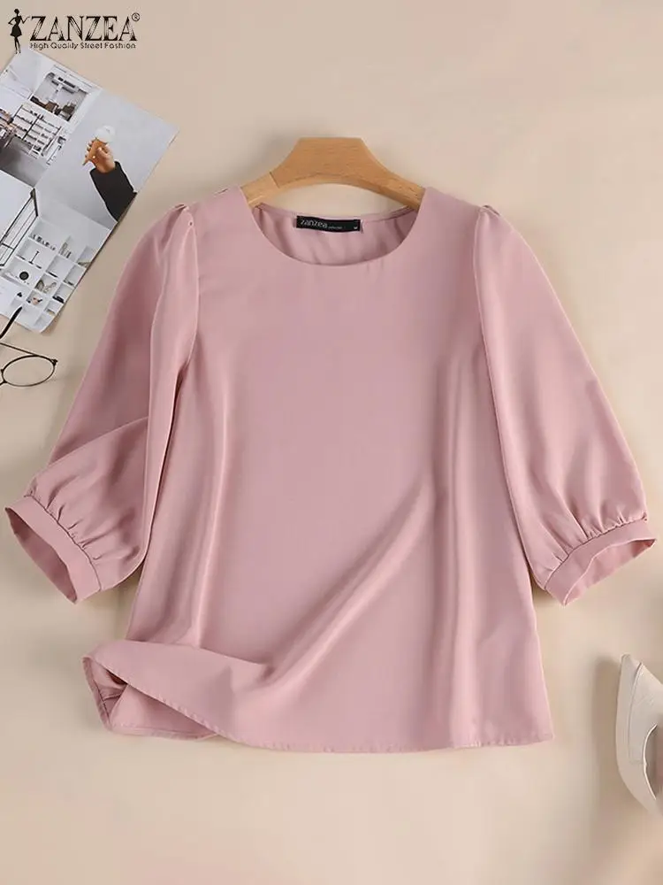 2023 ZANZEA Summer Women Elegant OL Work Blouse Fashion O Neck 3/4 Sleeve Shirt Casual Solid Tunic Tops Femininas Party Blusas