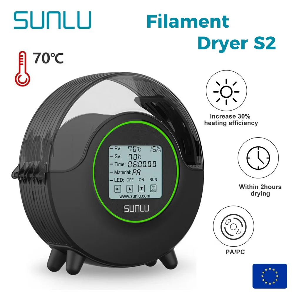 SUNLU S2 Scatola per essiccatore a filamenti Touch screen LED a riscaldamento rapido 360 °   Temperatura massima circostante fino a 70 ° C per materiale di stampa 3D