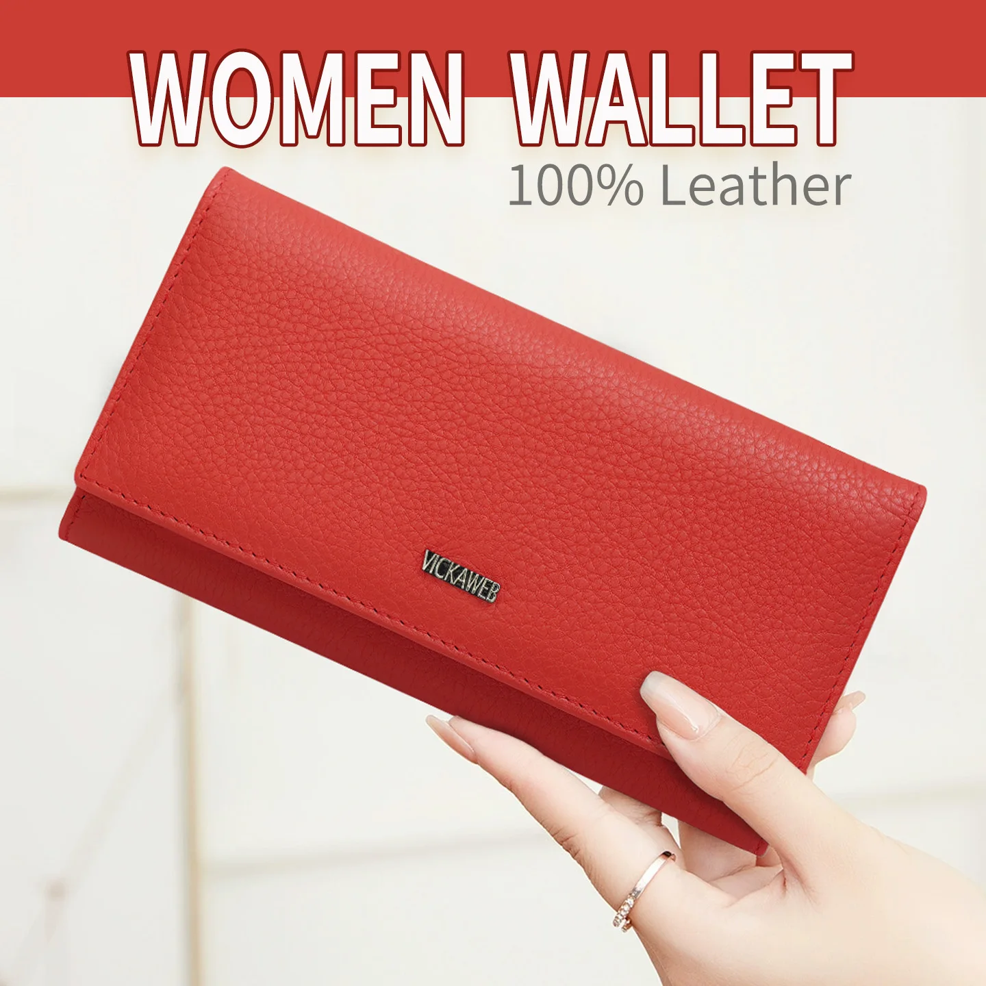 Image of Modische lange Geldbörse aus echtem Leder für Damen, solide Geldbörse mit magnetischem Schnappverschluss und Reißverschluss, eleganter Geldbörsen-Organizer