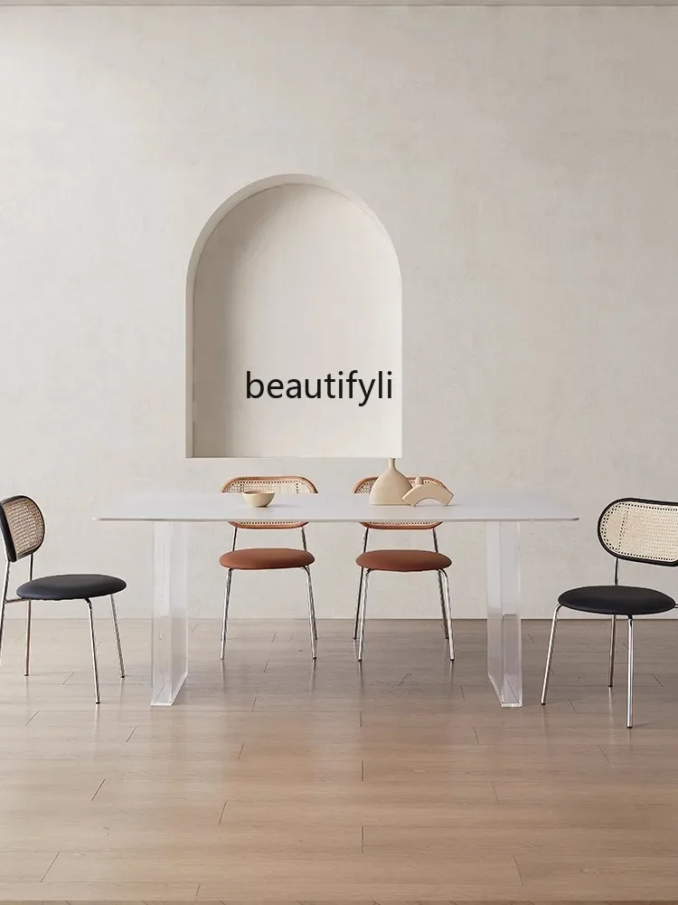 

07Modern Minimalist Acrylic Stone Plate Dining Tables and Chairs Set Home Small Apartment Rectangular Table Living Room Furnitur