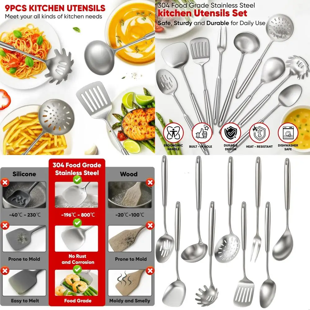 

9-Piece Stainless Steel Cooking Utensil Set with Soup Ladle, Skimmer, Spaghetti Spoon, and Spatula - Dishwasher Safe