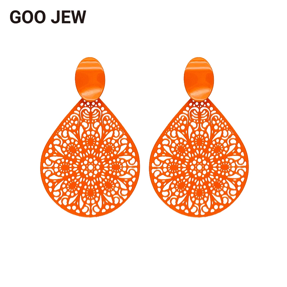 GOO JEW Exquisite Hollow Teardrop Filigree Stud Earrings Colorful Easy Matching Earrings for Women Fashion