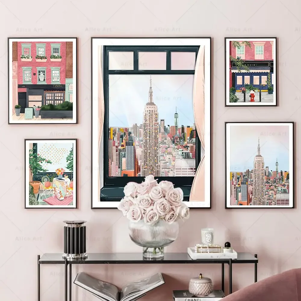 New York Bookshop Art Print Brooklyn Bridge Central Park Season Night Poster Canvas Painting Wall Art Pictures Cafe Home Decor