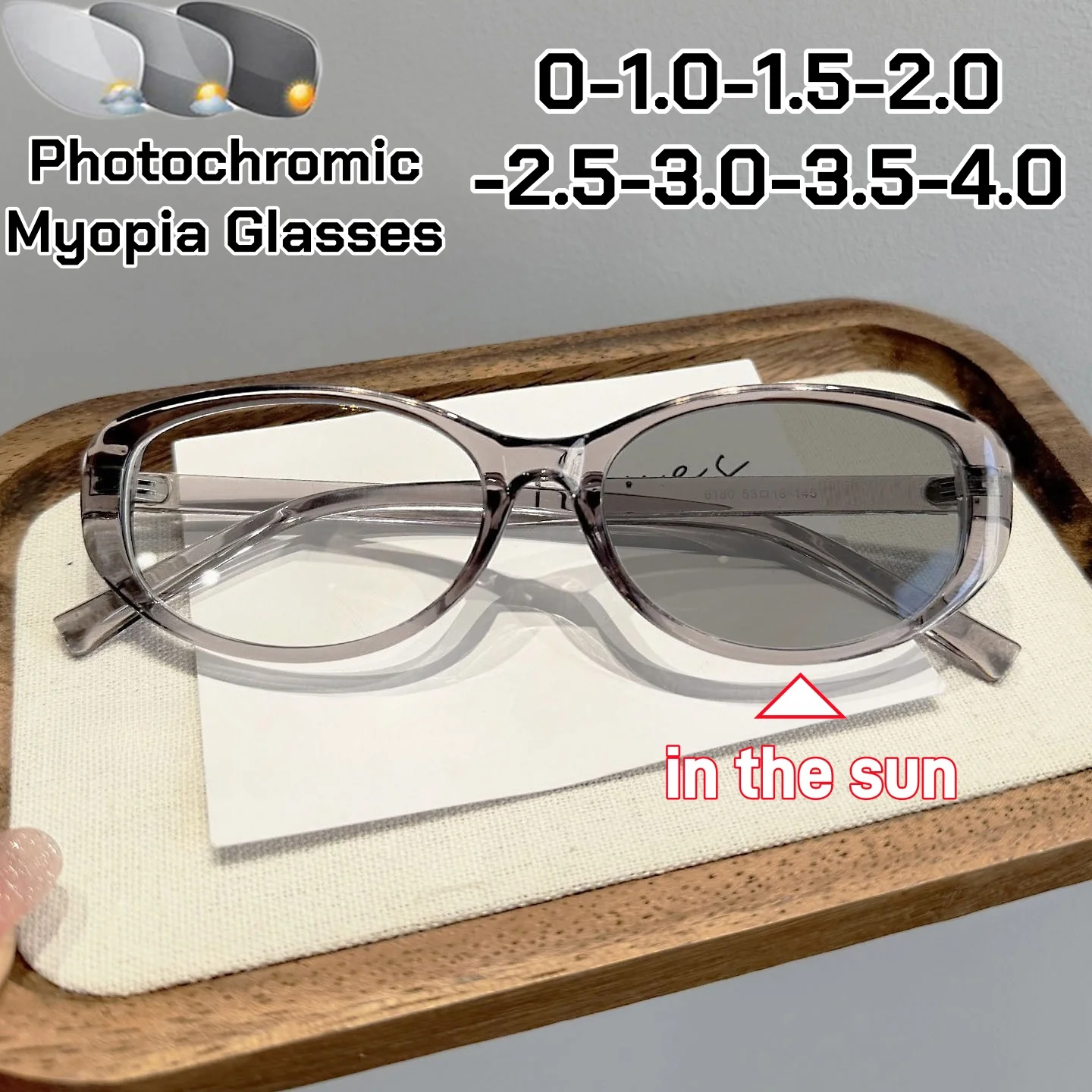 Modische photochrome Myopie-Brille mit ovalem Rahmen, Retro-High-Definition-Komfortbrille für Damen, Dioptrien 0 bis -4,0 – Detail 1