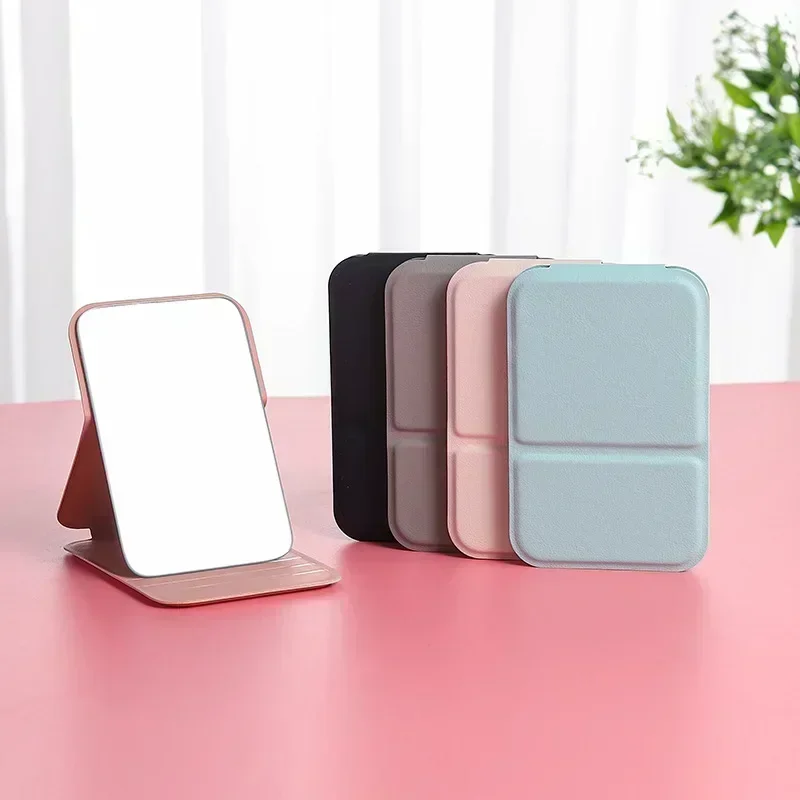 Portable Handheld Makeup Mirror Foldable Desktop Make Up Mirror Solid Color PU Leather Simple Student Compact Cute Pocket Mirror