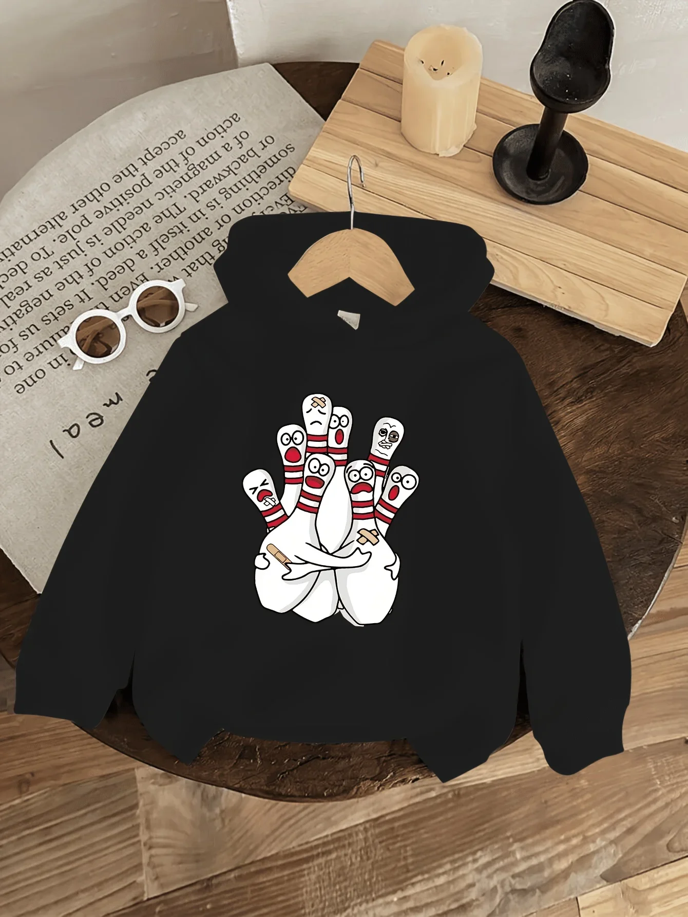 Kids Hoodie Autumn Winter Fleece Funny Cartoon Bowling Graphic Pullover Sweatshirt Casual Warm Long Sleeve Hooded Sweatshirt